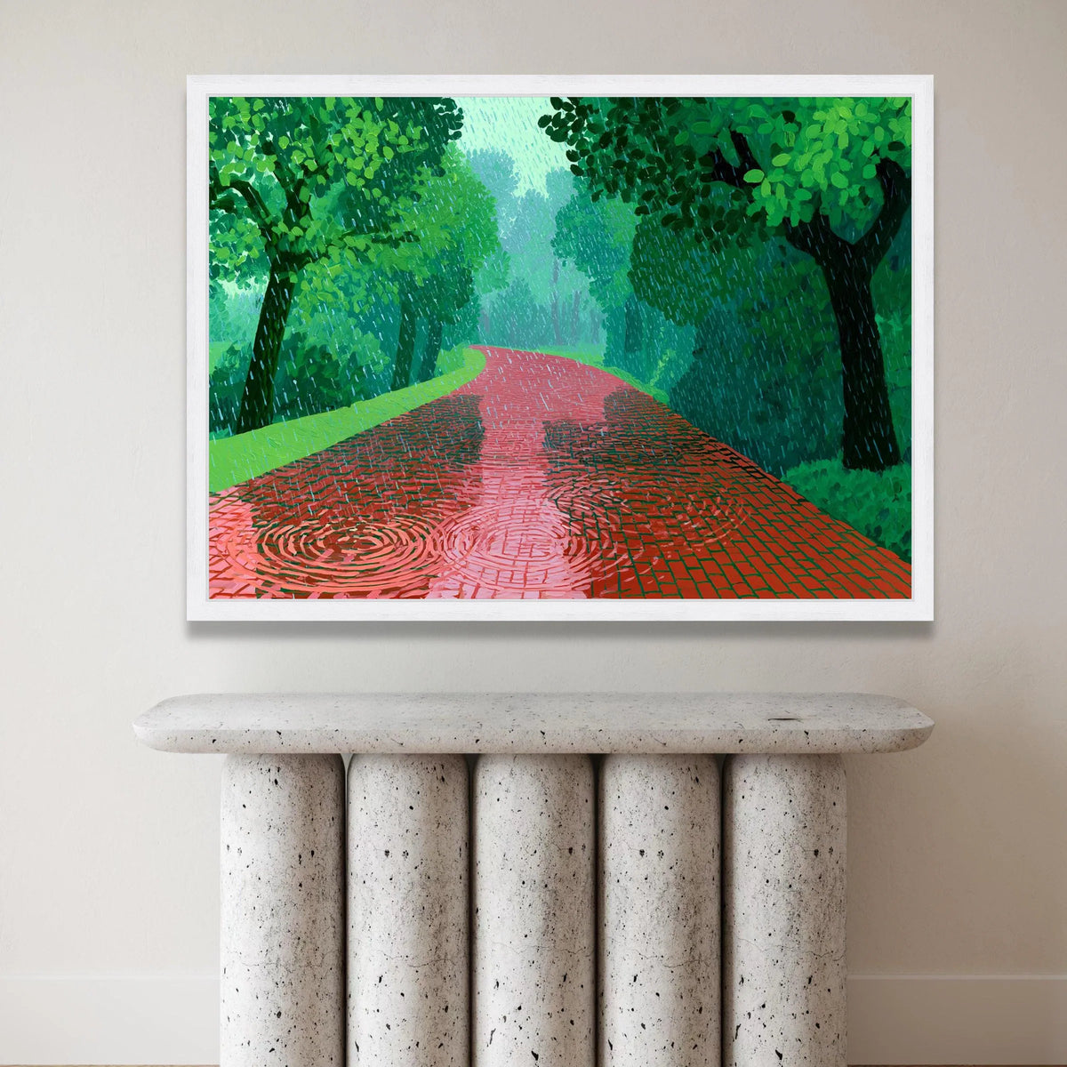 David Hockney Style Rainy Pathway Canvas, Modern Landscape Wall Art, Green Trees and Red Road Scene, Contemporary Nature Canvas Print Art