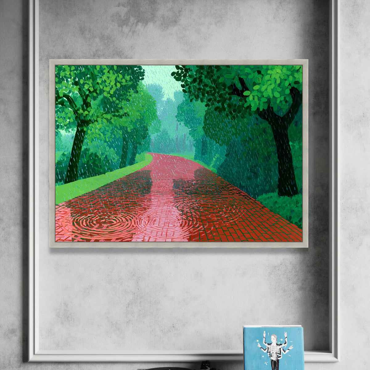 David Hockney Style Rainy Pathway Canvas, Modern Landscape Wall Art, Green Trees and Red Road Scene, Contemporary Nature Canvas Print Art