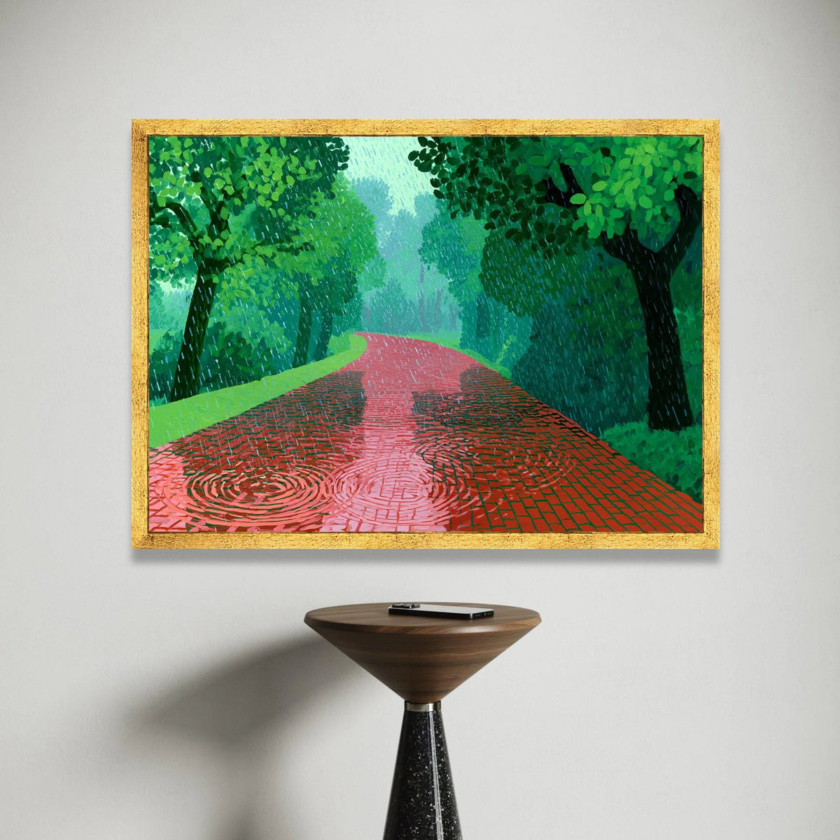David Hockney Style Rainy Pathway Canvas, Modern Landscape Wall Art, Green Trees and Red Road Scene, Contemporary Nature Canvas Print Art