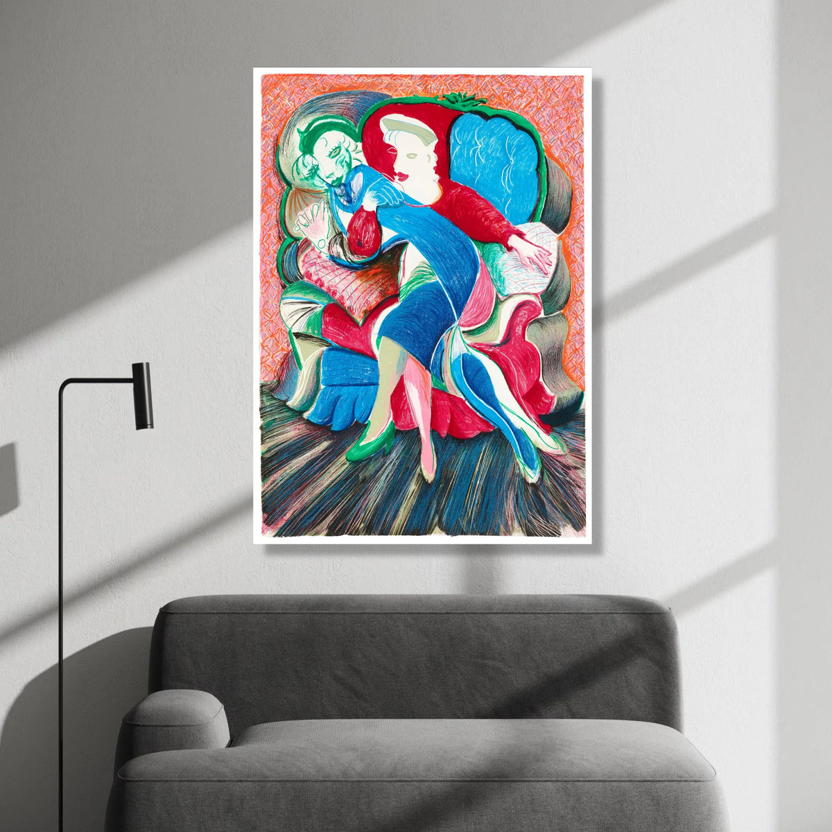 Colorful Abstract Couple Embrace Canvas, Modern Figurative Wall Art, Vibrant Home Decoration, Contemporary Love Scene Canvas Print Art