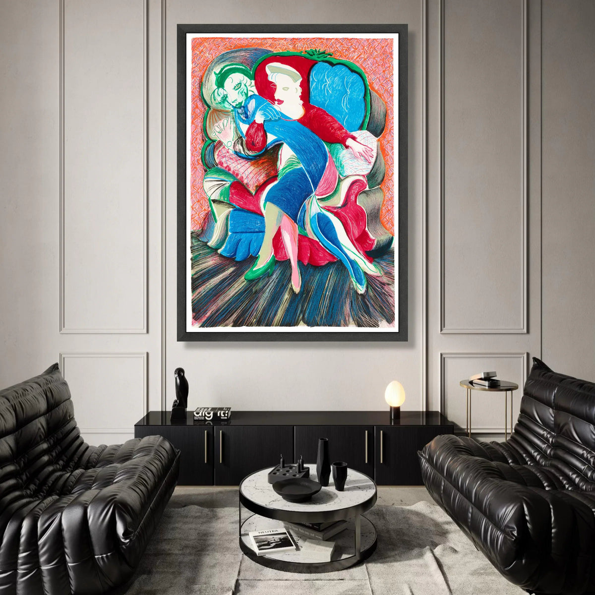 Colorful Abstract Couple Embrace Canvas, Modern Figurative Wall Art, Vibrant Home Decoration, Contemporary Love Scene Canvas Print Art
