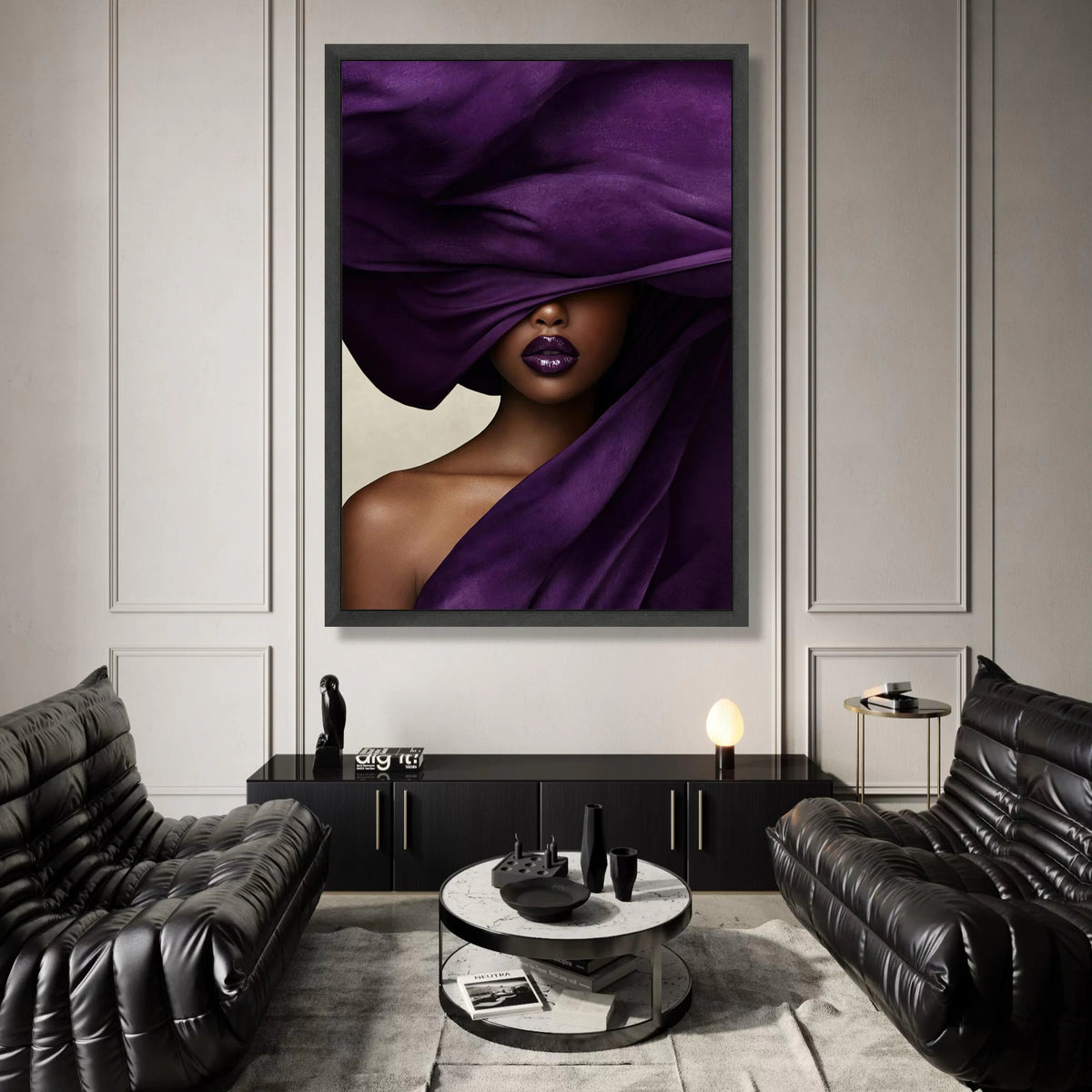 Elegant Woman Portrait, Purple Fabric Draped Canvas, Fashion Wall Art, Luxe Beauty Decoration, Modern Glamour Canvas Art Canvas Print Art