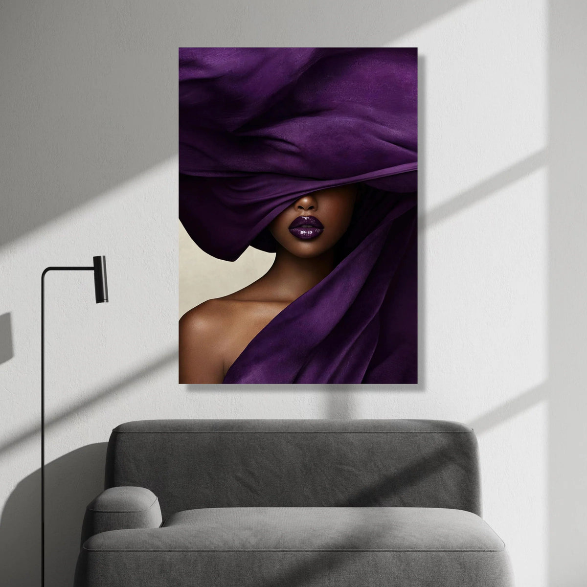 Elegant Woman Portrait, Purple Fabric Draped Canvas, Fashion Wall Art, Luxe Beauty Decoration, Modern Glamour Canvas Art Canvas Print Art