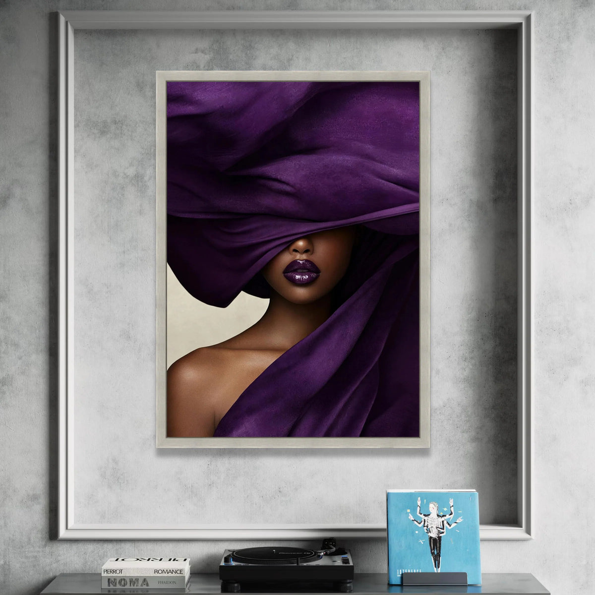 Elegant Woman Portrait, Purple Fabric Draped Canvas, Fashion Wall Art, Luxe Beauty Decoration, Modern Glamour Canvas Art Canvas Print Art