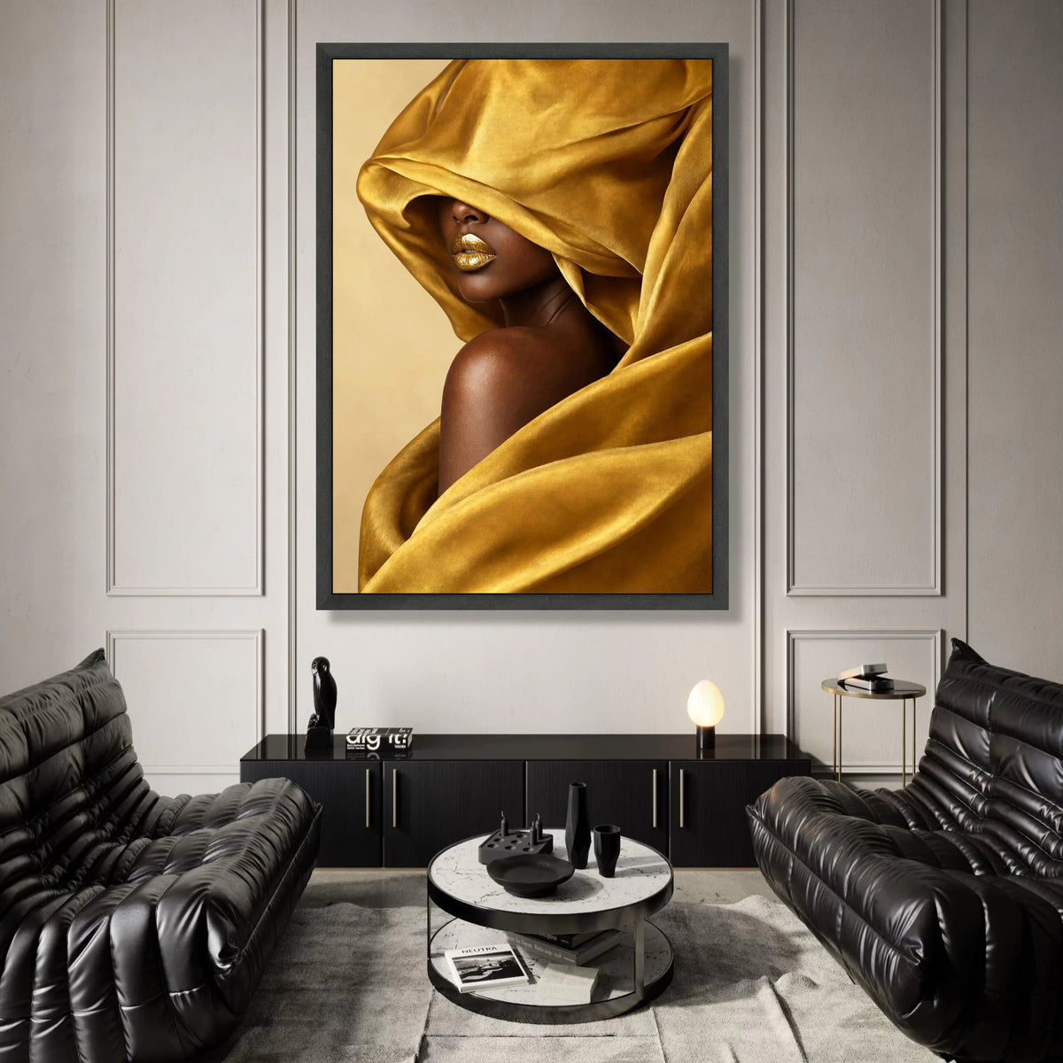Golden Velvet Draped Woman Canvas, Glamour Portrait Wall Art, Luxury Fashion Canvas, Contemporary Home Decoration, Bold Canvas Print Art