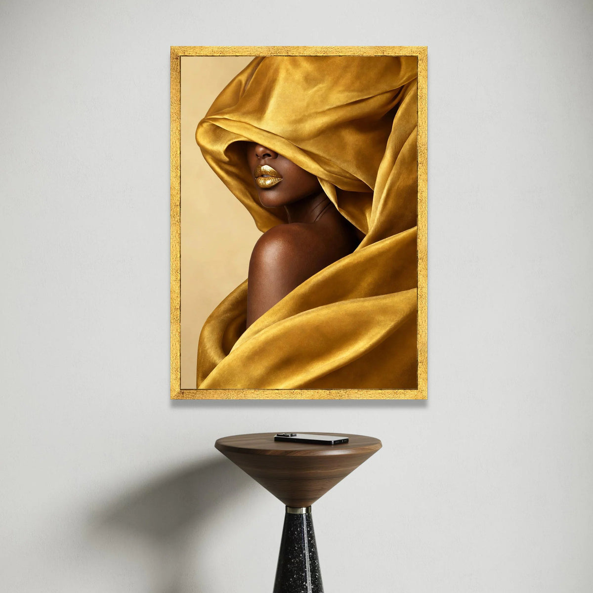 Golden Velvet Draped Woman Canvas, Glamour Portrait Wall Art, Luxury Fashion Canvas, Contemporary Home Decoration, Bold Canvas Print Art