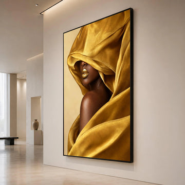 Golden Velvet Draped Woman Canvas, Glamour Portrait Wall Art, Luxury Fashion Canvas, Contemporary Home Decoration, Bold Canvas Print Art