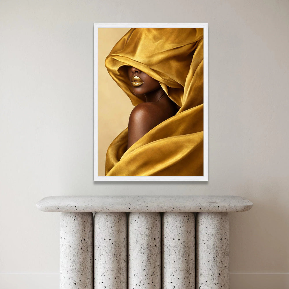 Golden Velvet Draped Woman Canvas, Glamour Portrait Wall Art, Luxury Fashion Canvas, Contemporary Home Decoration, Bold Canvas Print Art