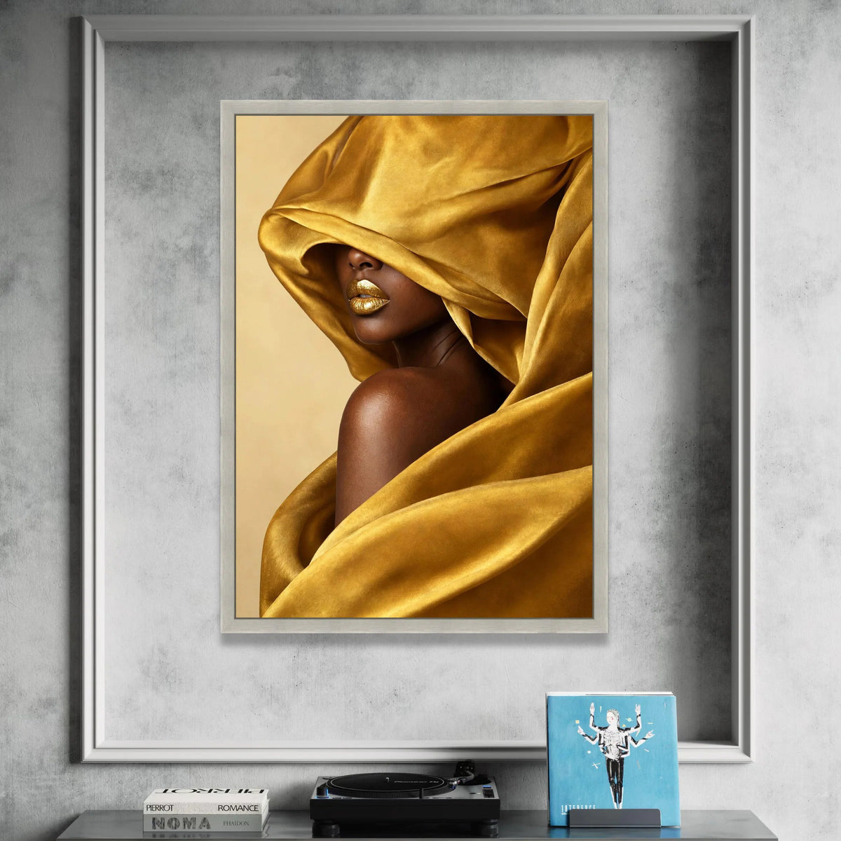 Golden Velvet Draped Woman Canvas, Glamour Portrait Wall Art, Luxury Fashion Canvas, Contemporary Home Decoration, Bold Canvas Print Art
