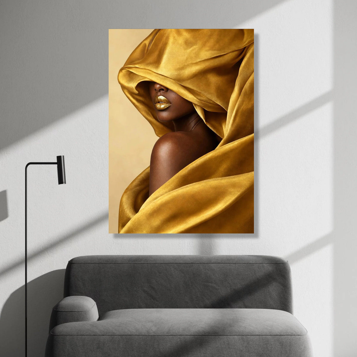 Golden Velvet Draped Woman Canvas, Glamour Portrait Wall Art, Luxury Fashion Canvas, Contemporary Home Decoration, Bold Canvas Print Art