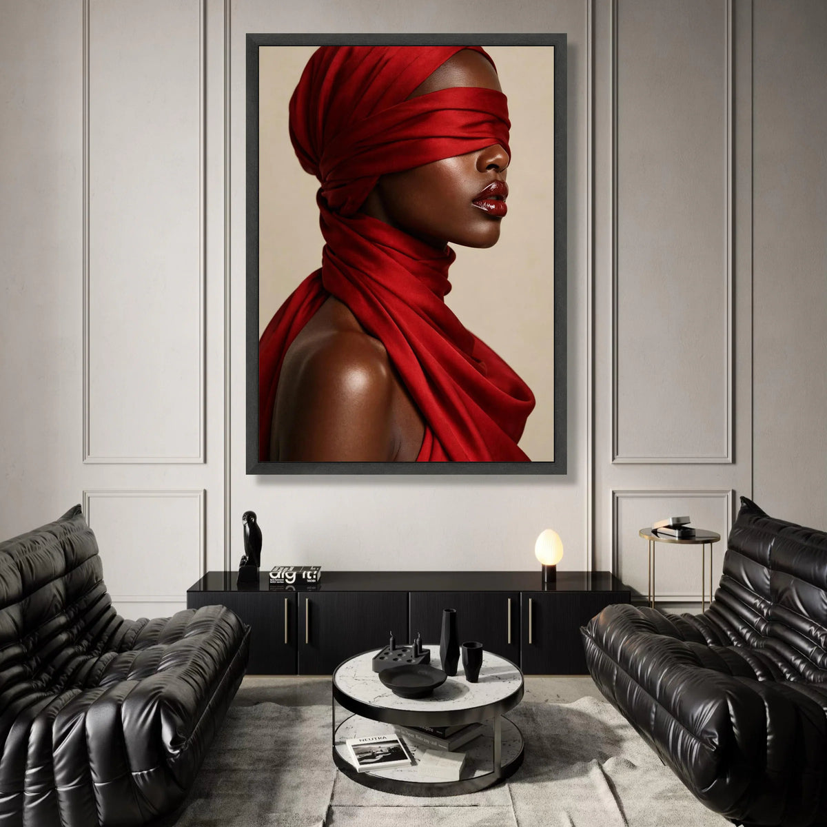 Elegant Woman Red Headwrap Canvas, Fashion Portrait Wall Art, Afro Beauty Canvas, Modern Home Decoration, Chic Female Canvas Print Art