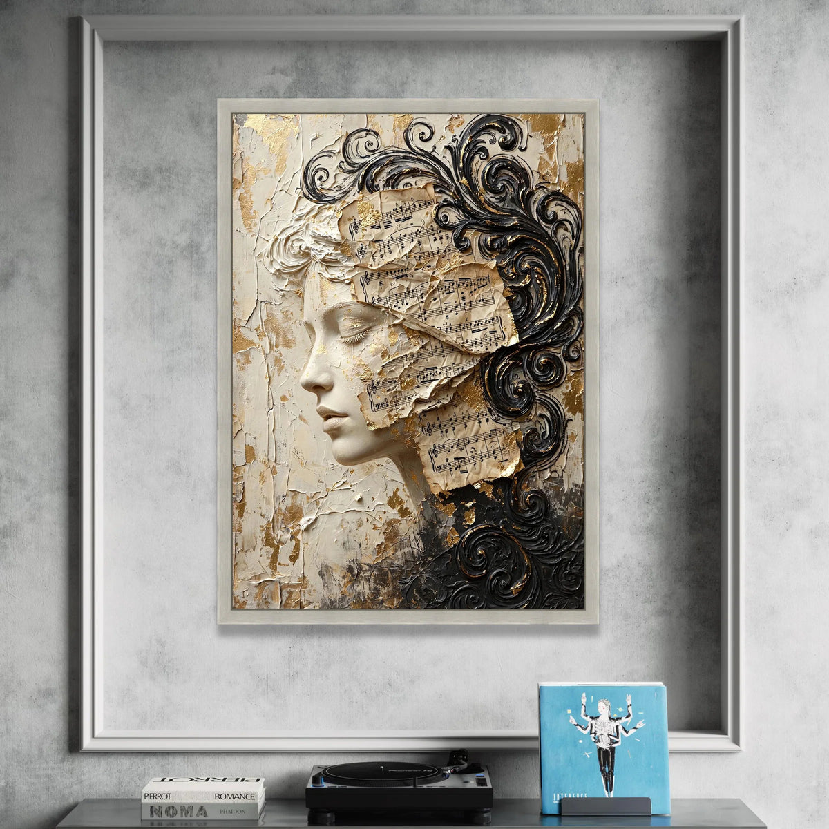 Elegant Female Profile Canvas, Vintage Sheet Music Wall Art, Classical Art Decor, Artistic Face Portrait, Scroll Pattern Canvas Print Art