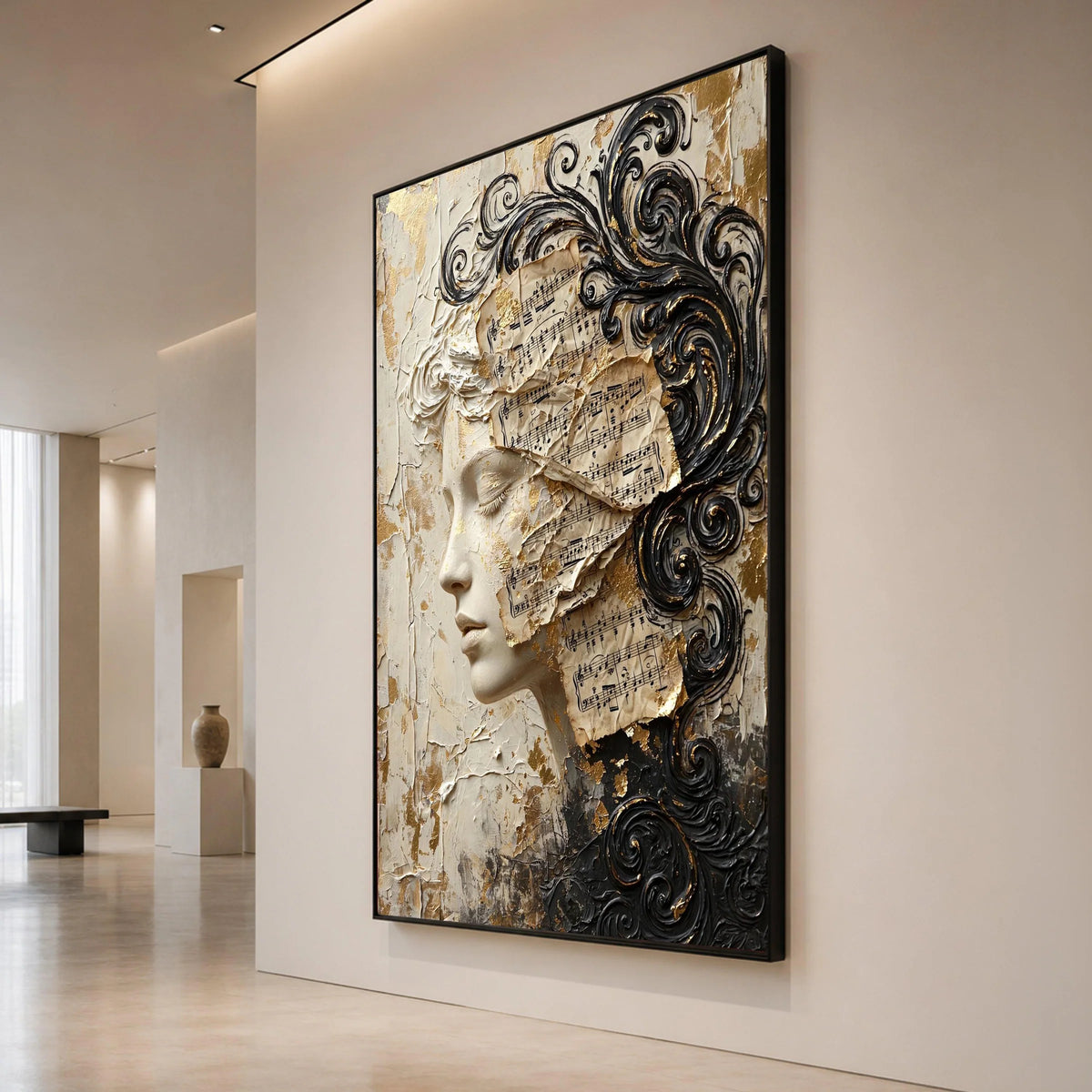 Elegant Female Profile Canvas, Vintage Sheet Music Wall Art, Classical Art Decor, Artistic Face Portrait, Scroll Pattern Canvas Print Art
