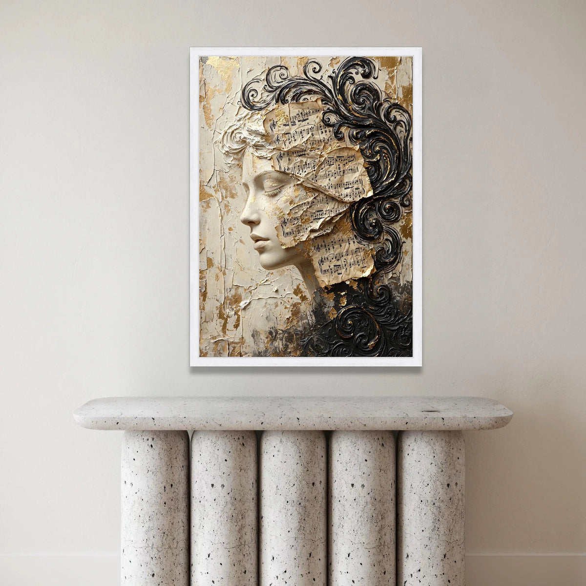 Elegant Female Profile Canvas, Vintage Sheet Music Wall Art, Classical Art Decor, Artistic Face Portrait, Scroll Pattern Canvas Print Art