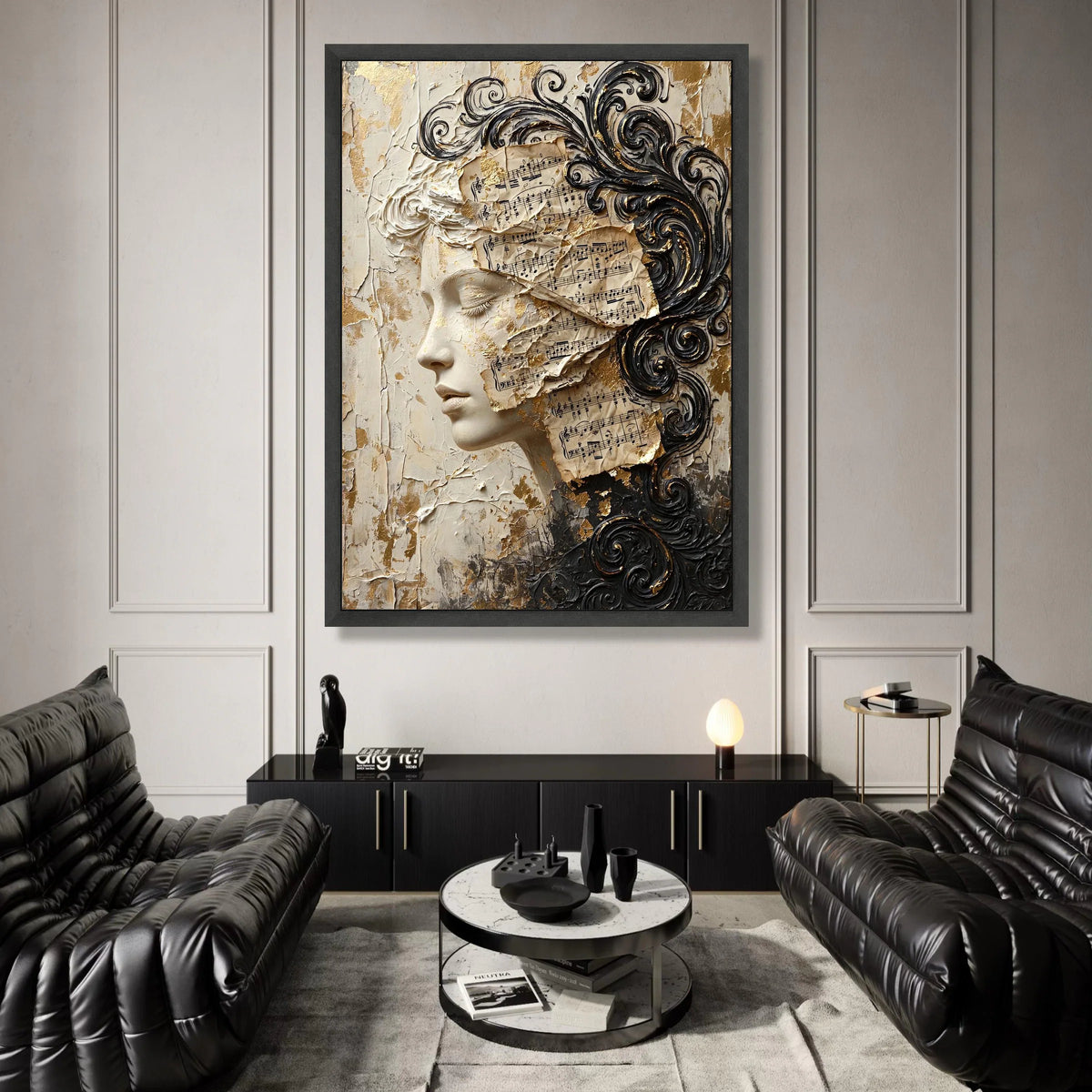 Elegant Female Profile Canvas, Vintage Sheet Music Wall Art, Classical Art Decor, Artistic Face Portrait, Scroll Pattern Canvas Print Art