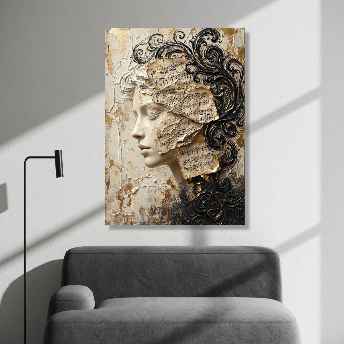 Elegant Female Profile Canvas, Vintage Sheet Music Wall Art, Classical Art Decor, Artistic Face Portrait, Scroll Pattern Canvas Print Art