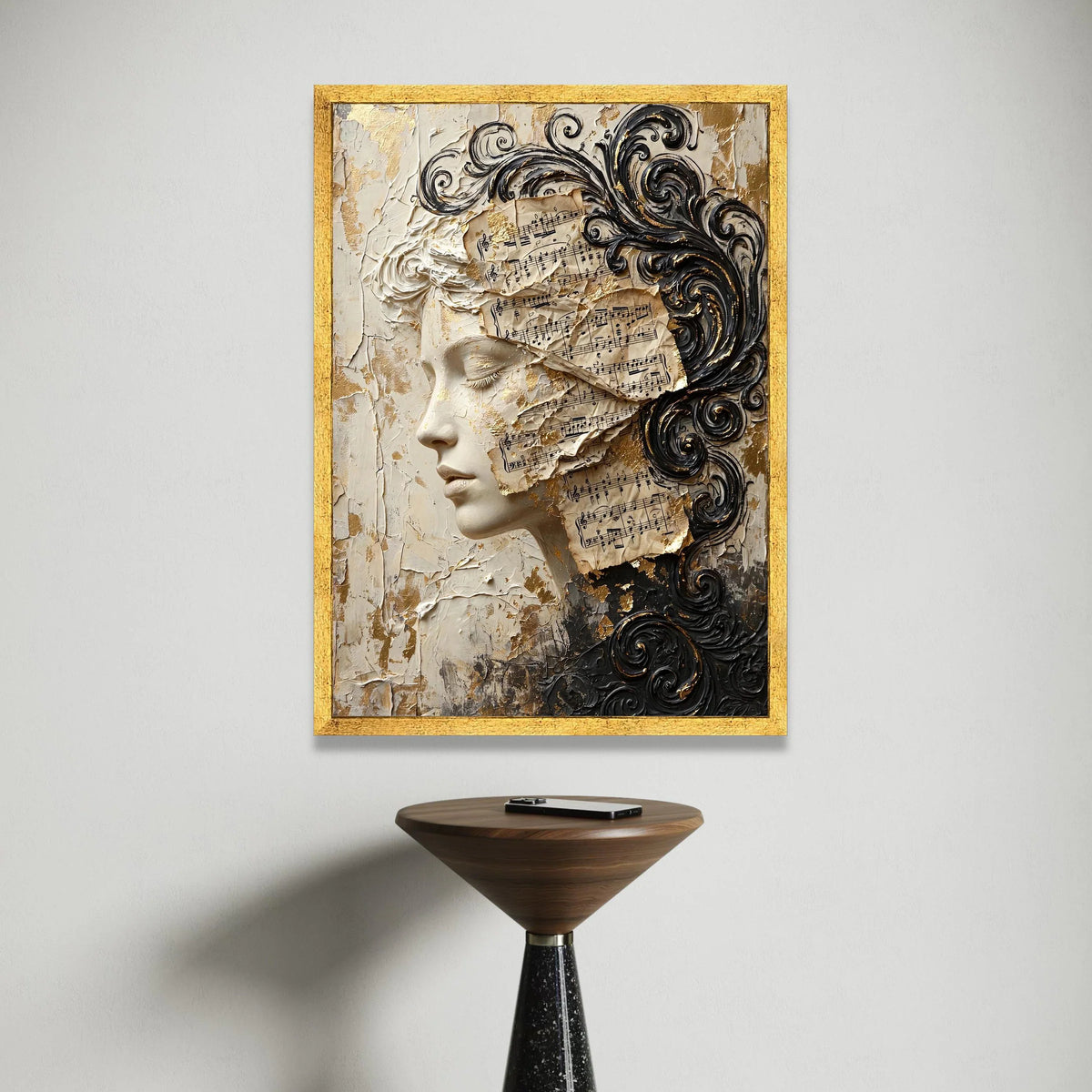 Elegant Female Profile Canvas, Vintage Sheet Music Wall Art, Classical Art Decor, Artistic Face Portrait, Scroll Pattern Canvas Print Art
