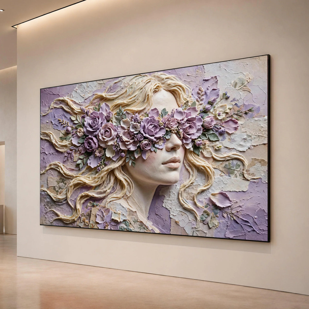 Elegant Female Portrait with Purple Floral Blindfold, Surreal Woman Canvas Wall Art, Contemporary Floral Face Design, Canvas Print Art