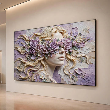 Elegant Female Portrait with Purple Floral Blindfold, Surreal Woman Canvas Wall Art, Contemporary Floral Face Design, Canvas Print Art