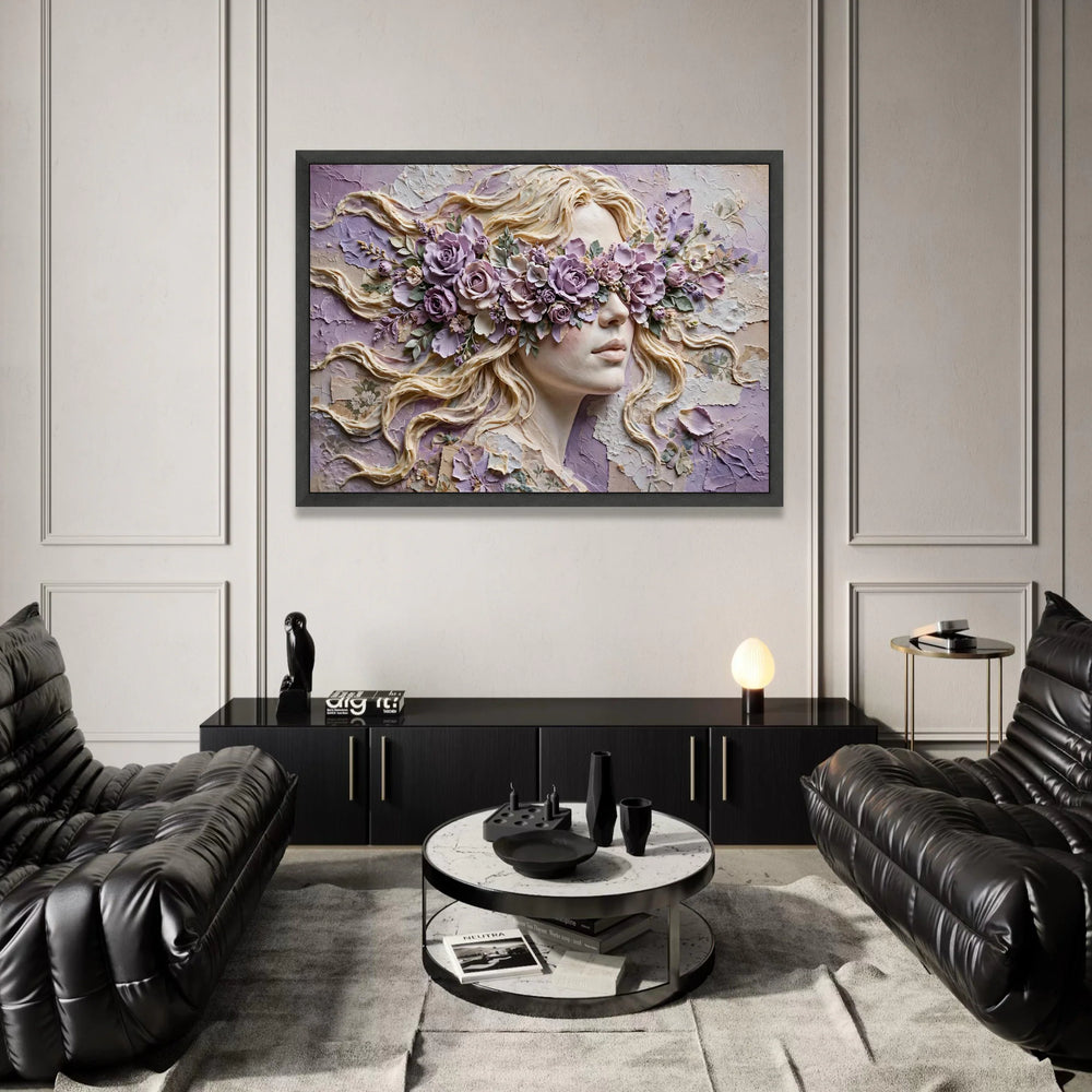 Elegant Female Portrait with Purple Floral Blindfold, Surreal Woman Canvas Wall Art, Contemporary Floral Face Design, Canvas Print Art