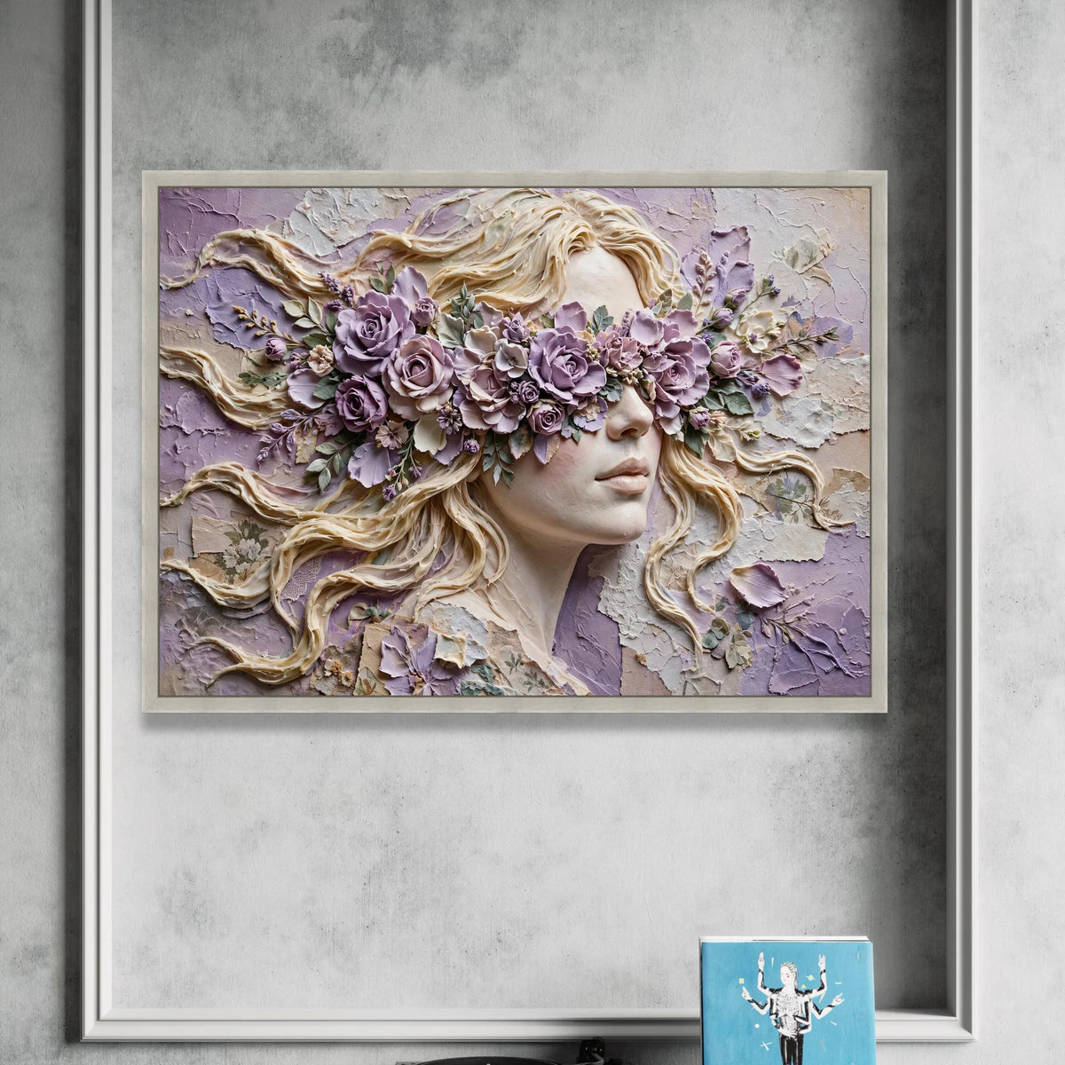Elegant Female Portrait with Purple Floral Blindfold, Surreal Woman Canvas Wall Art, Contemporary Floral Face Design, Canvas Print Art