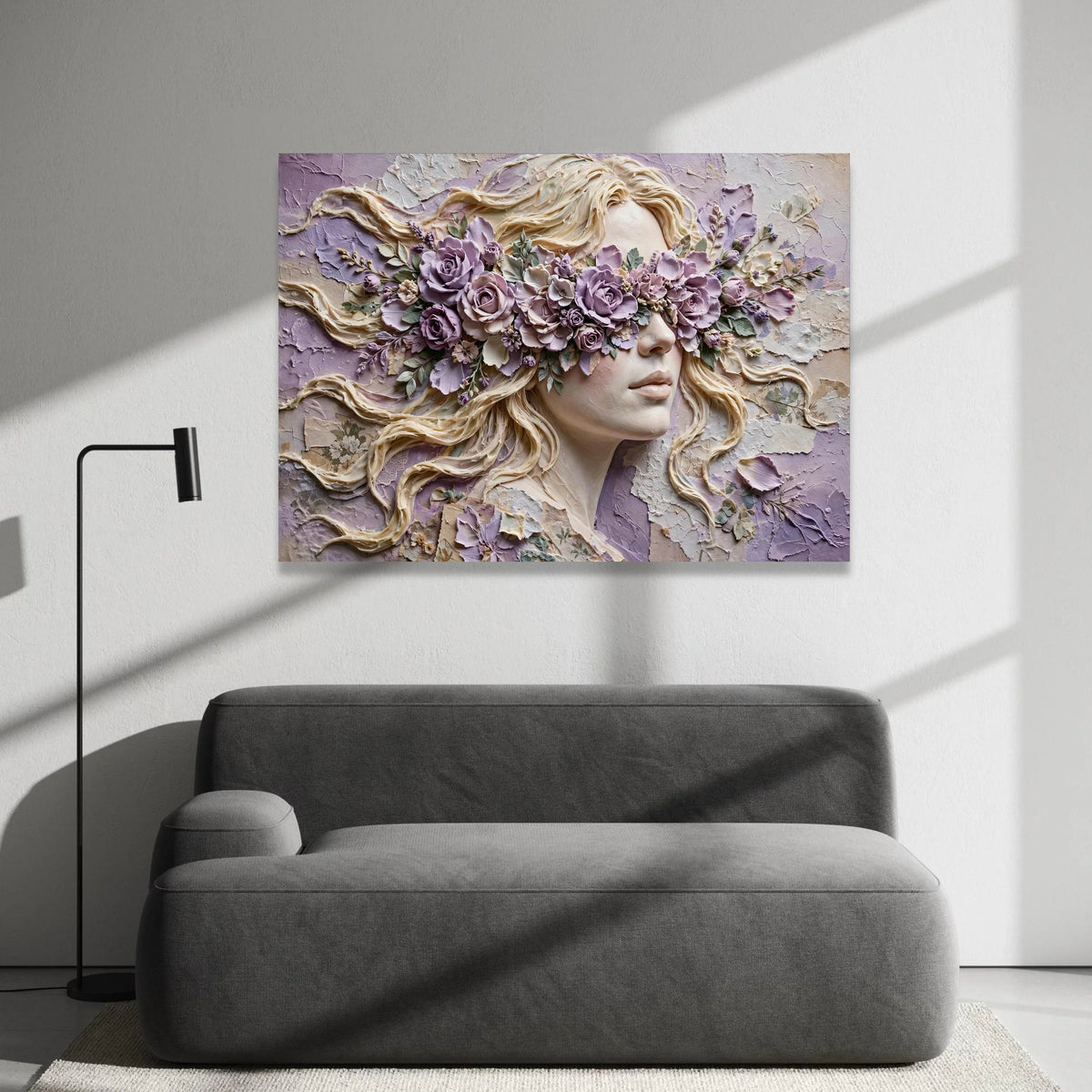 Elegant Female Portrait with Purple Floral Blindfold, Surreal Woman Canvas Wall Art, Contemporary Floral Face Design, Canvas Print Art