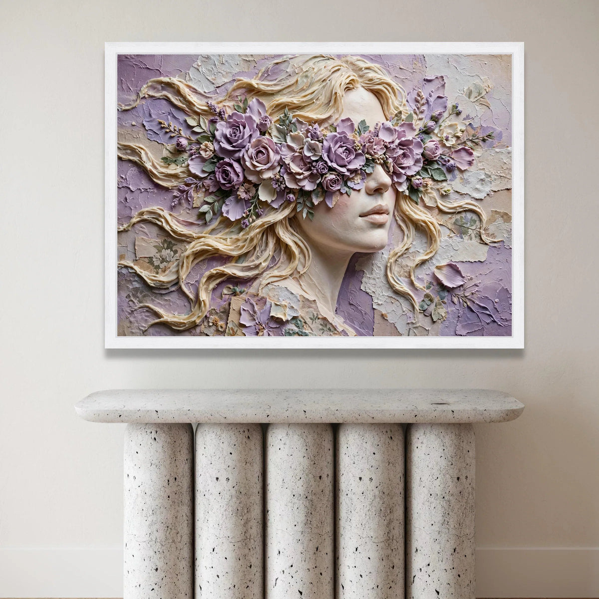 Elegant Female Portrait with Purple Floral Blindfold, Surreal Woman Canvas Wall Art, Contemporary Floral Face Design, Canvas Print Art