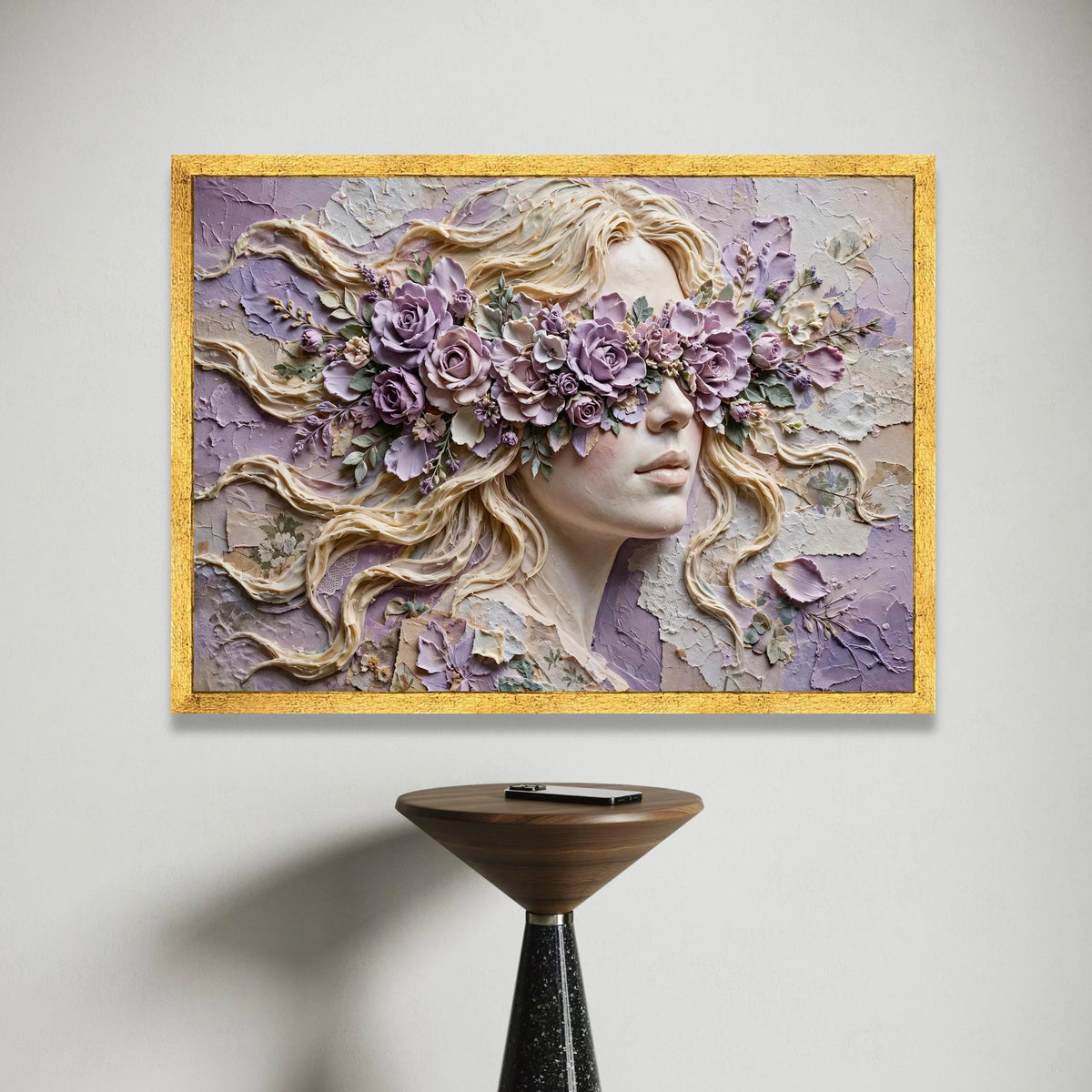 Elegant Female Portrait with Purple Floral Blindfold, Surreal Woman Canvas Wall Art, Contemporary Floral Face Design, Canvas Print Art