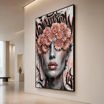 Rose Gold Floral Blindfold Portrait Canvas, Abstract Female Face Wall Art, Contemporary Flower Crown Canvas, Modern Urban Canvas Print Art