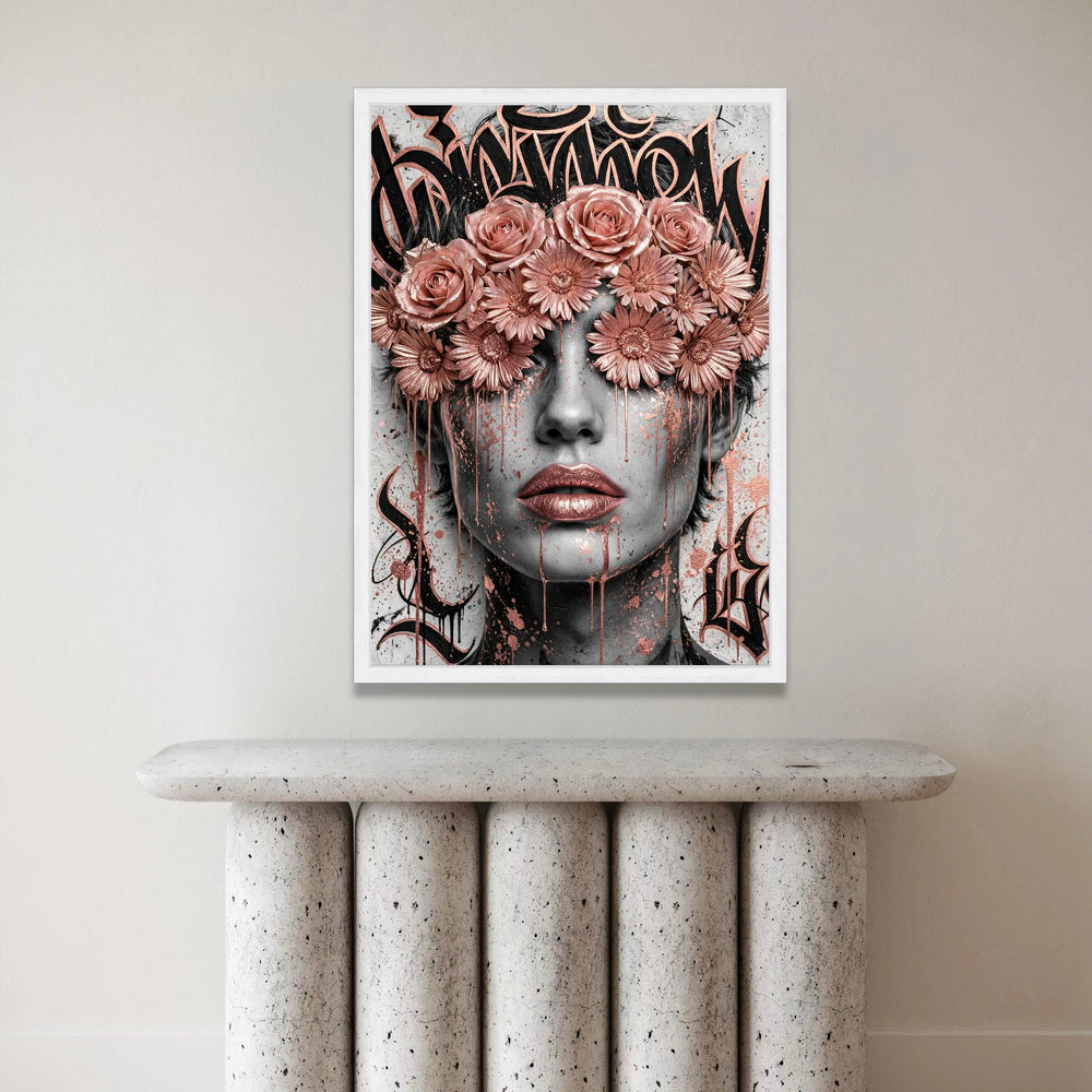 Rose Gold Floral Blindfold Portrait Canvas, Abstract Female Face Wall Art, Contemporary Flower Crown Canvas, Modern Urban Canvas Print Art