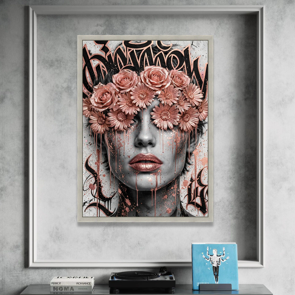 Rose Gold Floral Blindfold Portrait Canvas, Abstract Female Face Wall Art, Contemporary Flower Crown Canvas, Modern Urban Canvas Print Art