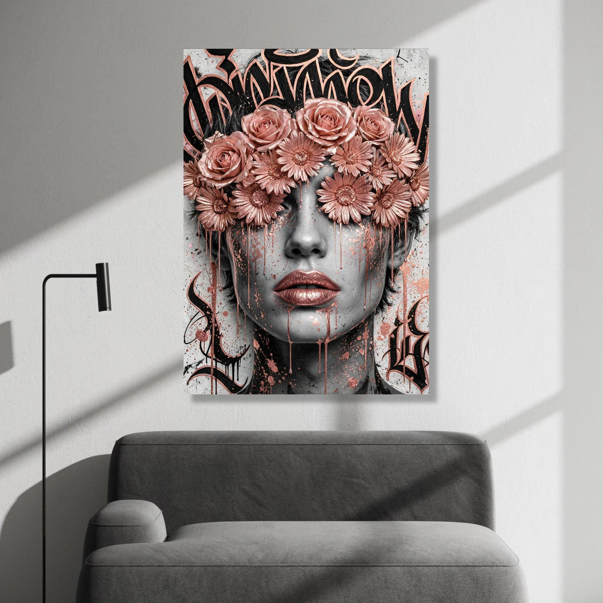Rose Gold Floral Blindfold Portrait Canvas, Abstract Female Face Wall Art, Contemporary Flower Crown Canvas, Modern Urban Canvas Print Art