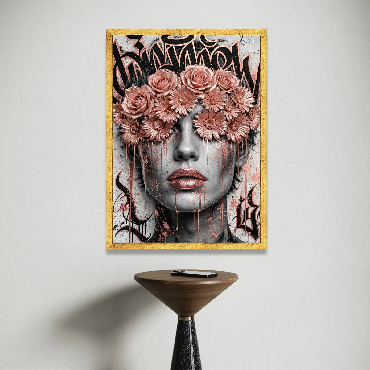 Rose Gold Floral Blindfold Portrait Canvas, Abstract Female Face Wall Art, Contemporary Flower Crown Canvas, Modern Urban Canvas Print Art