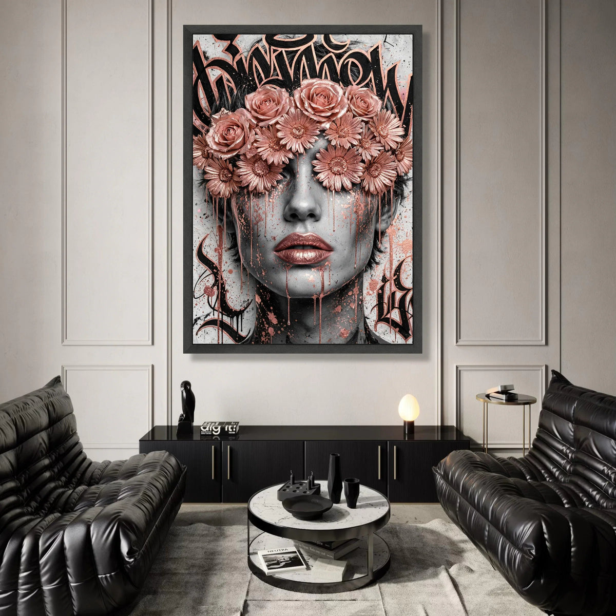 Rose Gold Floral Blindfold Portrait Canvas, Abstract Female Face Wall Art, Contemporary Flower Crown Canvas, Modern Urban Canvas Print Art