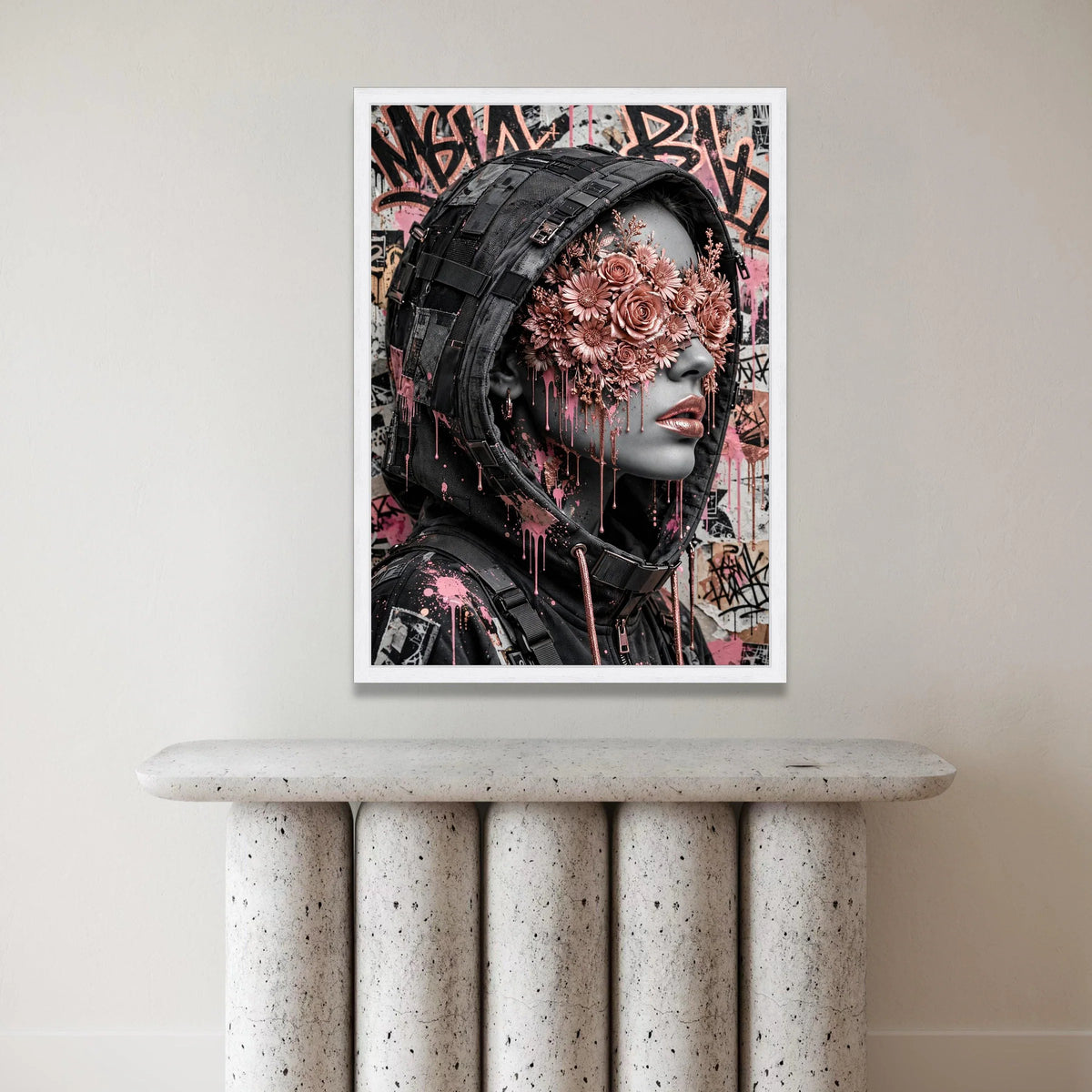 Urban Femme Fatale Portrait Canvas, Futuristic Streetwear Art, Floral Mask Face Design, Pink Metallic Flowers Canvas, Canvas Print Art