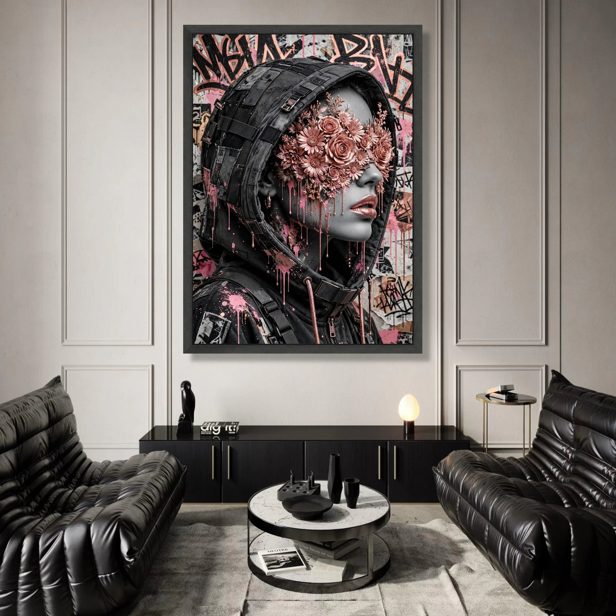 Urban Femme Fatale Portrait Canvas, Futuristic Streetwear Art, Floral Mask Face Design, Pink Metallic Flowers Canvas, Canvas Print Art