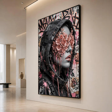 Urban Femme Fatale Portrait Canvas, Futuristic Streetwear Art, Floral Mask Face Design, Pink Metallic Flowers Canvas, Canvas Print Art
