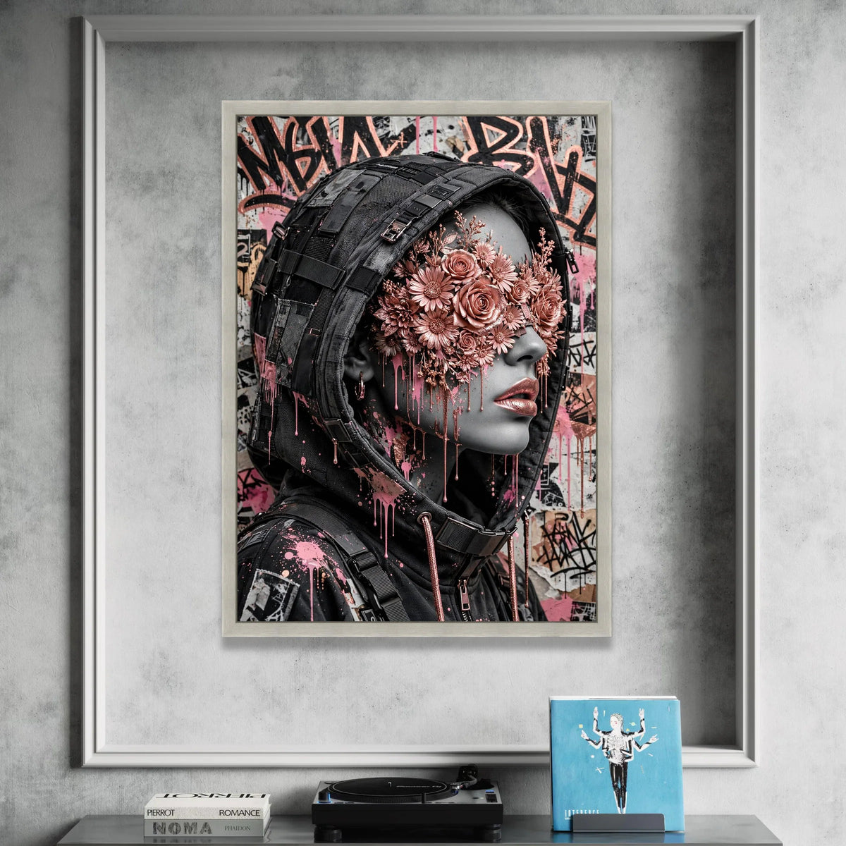 Urban Femme Fatale Portrait Canvas, Futuristic Streetwear Art, Floral Mask Face Design, Pink Metallic Flowers Canvas, Canvas Print Art