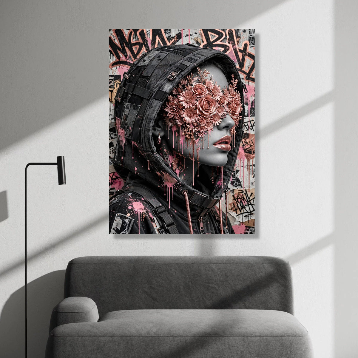 Urban Femme Fatale Portrait Canvas, Futuristic Streetwear Art, Floral Mask Face Design, Pink Metallic Flowers Canvas, Canvas Print Art