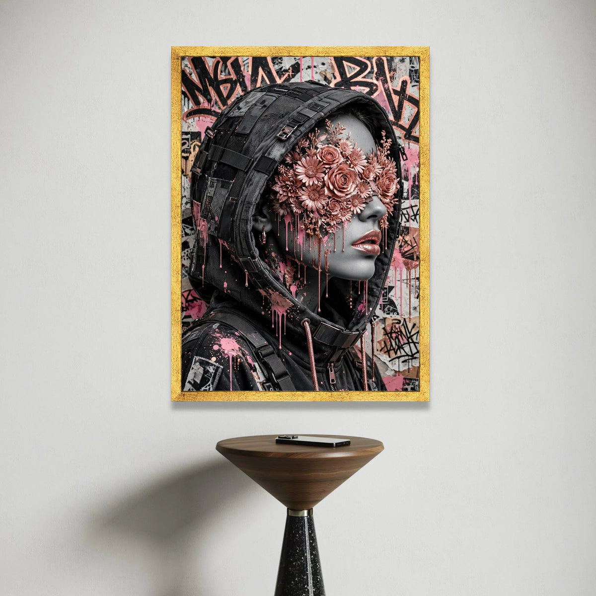 Urban Femme Fatale Portrait Canvas, Futuristic Streetwear Art, Floral Mask Face Design, Pink Metallic Flowers Canvas, Canvas Print Art