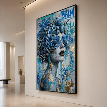 Blue Floral Face Canvas, Modern Woman Portrait Wall Art, Abstract Graffiti Flowers, Contemporary Female Canvas Decoration Canvas Print Art
