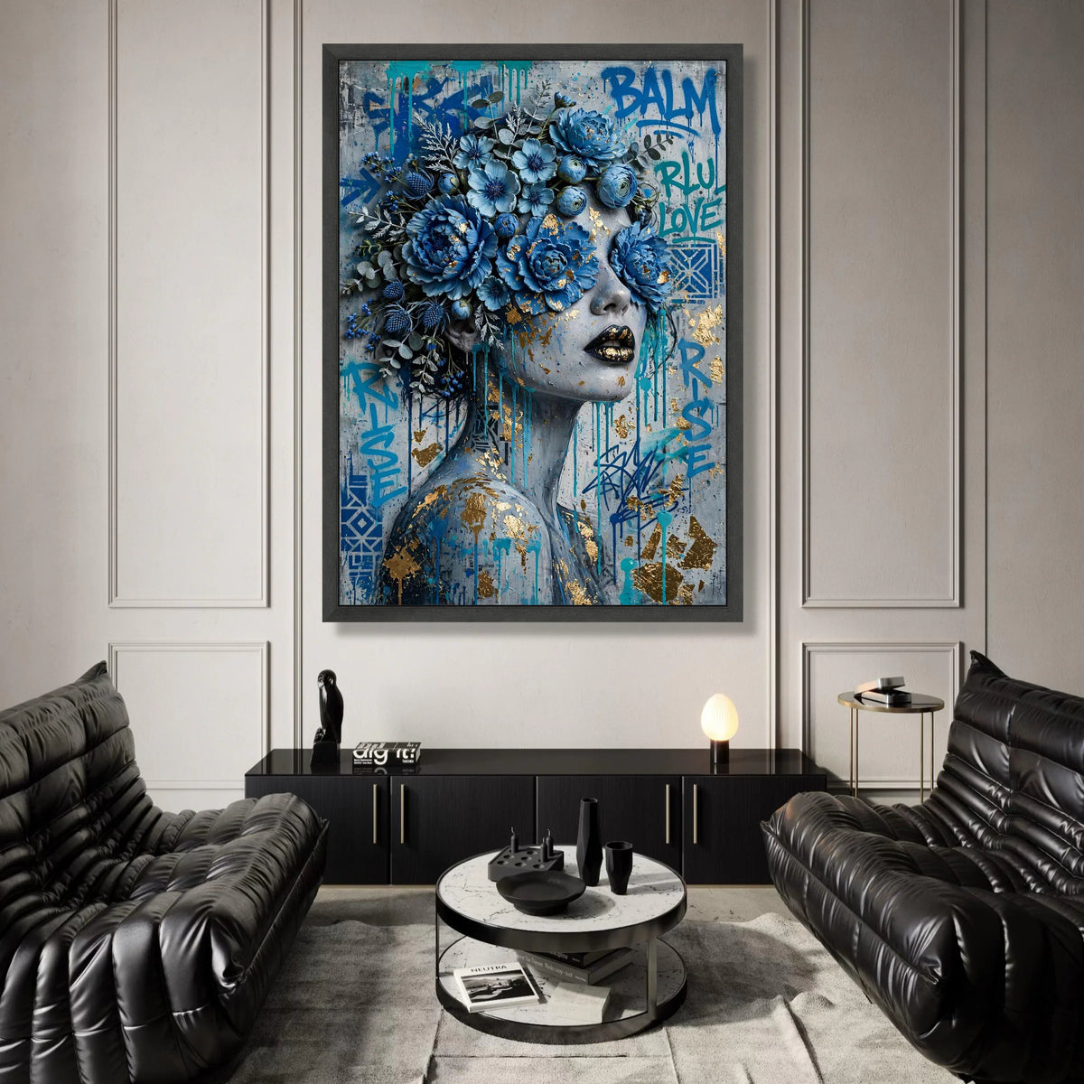 Blue Floral Face Canvas, Modern Woman Portrait Wall Art, Abstract Graffiti Flowers, Contemporary Female Canvas Decoration Canvas Print Art
