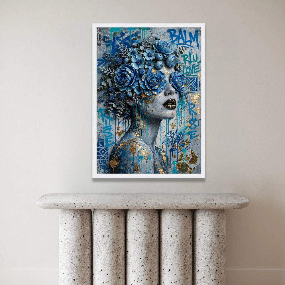 Blue Floral Face Canvas, Modern Woman Portrait Wall Art, Abstract Graffiti Flowers, Contemporary Female Canvas Decoration Canvas Print Art