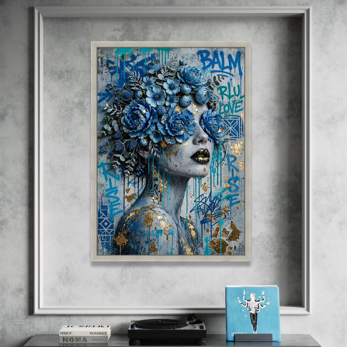 Blue Floral Face Canvas, Modern Woman Portrait Wall Art, Abstract Graffiti Flowers, Contemporary Female Canvas Decoration Canvas Print Art