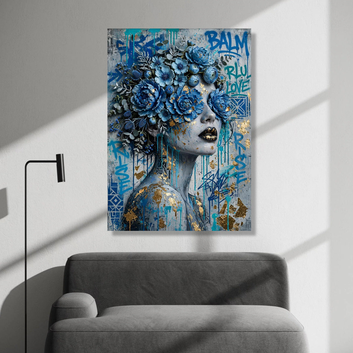 Blue Floral Face Canvas, Modern Woman Portrait Wall Art, Abstract Graffiti Flowers, Contemporary Female Canvas Decoration Canvas Print Art