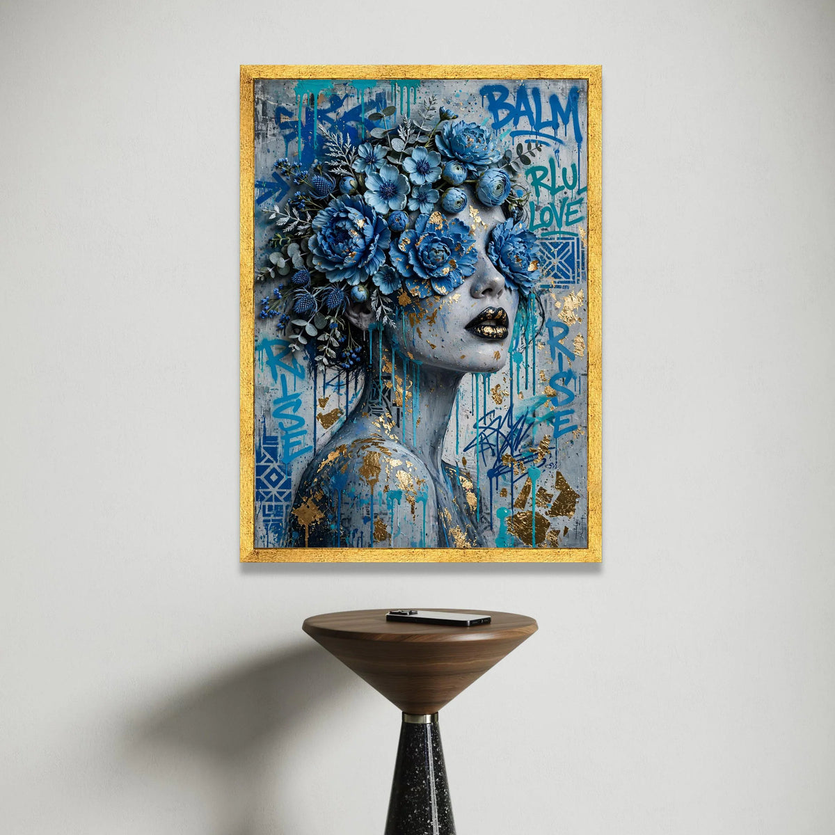 Blue Floral Face Canvas, Modern Woman Portrait Wall Art, Abstract Graffiti Flowers, Contemporary Female Canvas Decoration Canvas Print Art