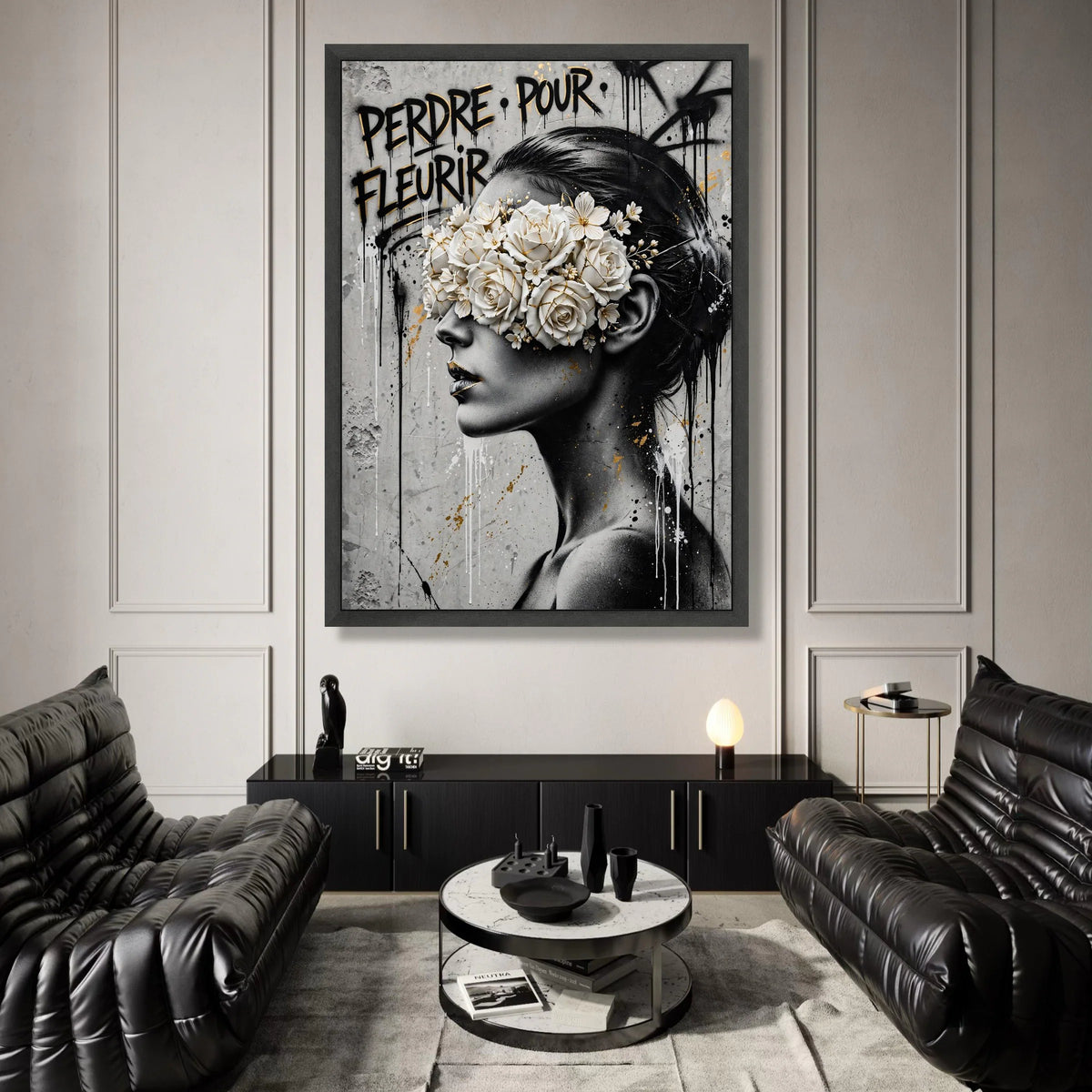Modern Woman Portrait Canvas, Floral Mask Wall Art, Black White Gold Painting, Urban Graffiti Style Canvas, Contemporary Canvas Print Art