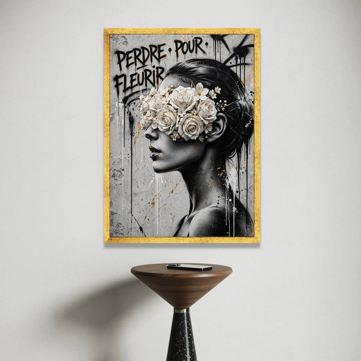 Modern Woman Portrait Canvas, Floral Mask Wall Art, Black White Gold Painting, Urban Graffiti Style Canvas, Contemporary Canvas Print Art