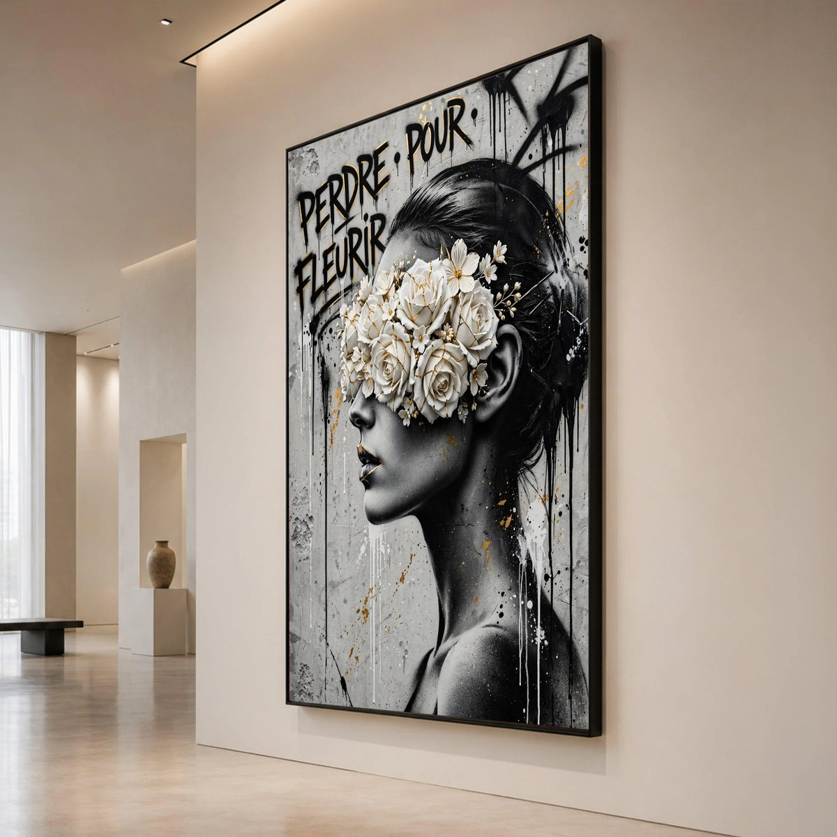 Modern Woman Portrait Canvas, Floral Mask Wall Art, Black White Gold Painting, Urban Graffiti Style Canvas, Contemporary Canvas Print Art