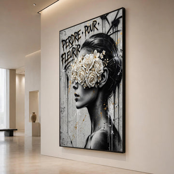 Modern Woman Portrait Canvas, Floral Mask Wall Art, Black White Gold Painting, Urban Graffiti Style Canvas, Contemporary Canvas Print Art